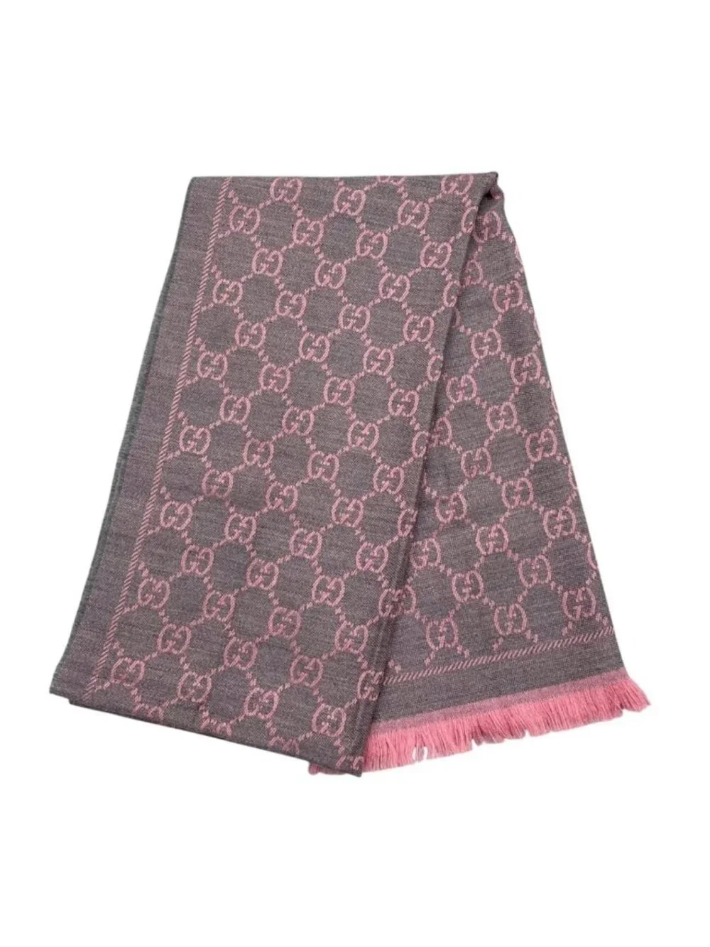 Gucci Scarf GG Wool Pattern Logo Rose Pink Gray